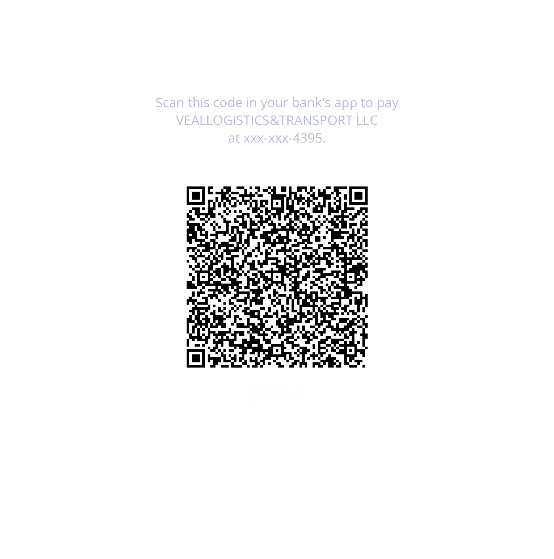 Zelle payment QR code for VEALLOGISTICS and TRANSPORT LLC, account ending in 4395
